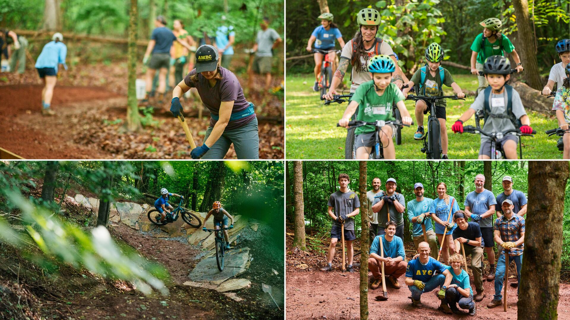 AMBC photos from volunteer work days, kids riding bikes, and bikers on the trails